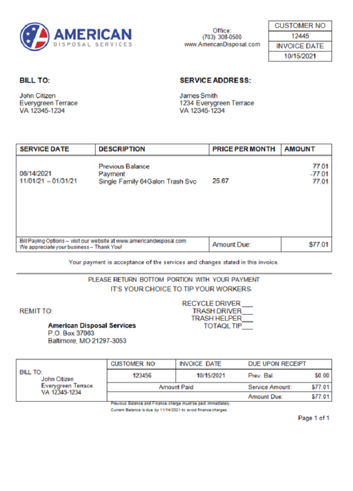 USA American Disposal invoice PSD template